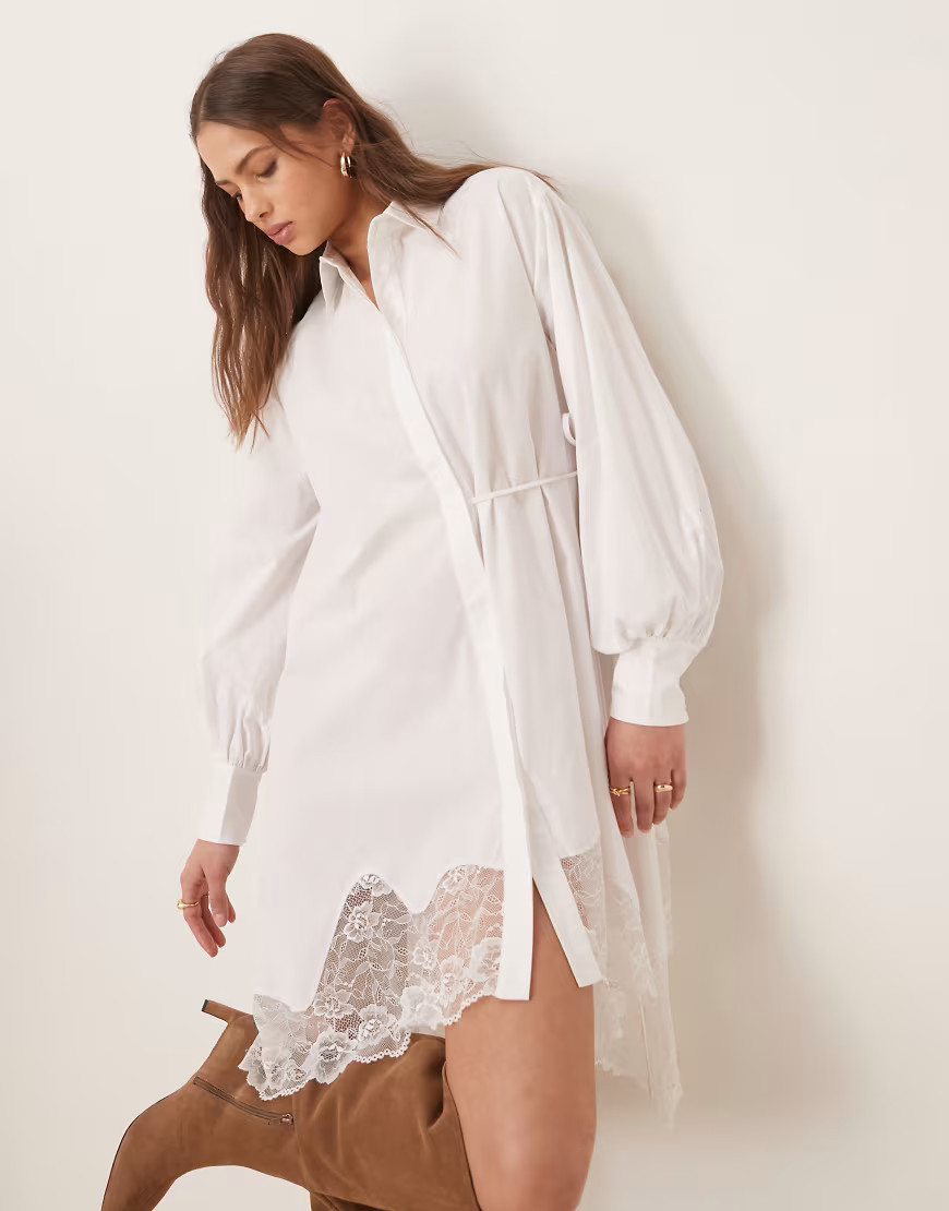 ASOS DESIGN shirt dress with side tie and lace asymmetric hem in white | ASOS (Global)