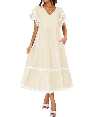 ZESICA Womens 2024 Summer Casual Midi Dresses V Neck Flutter Short Sleeve Ruffle Tiered A Line Fl... | Amazon (US)