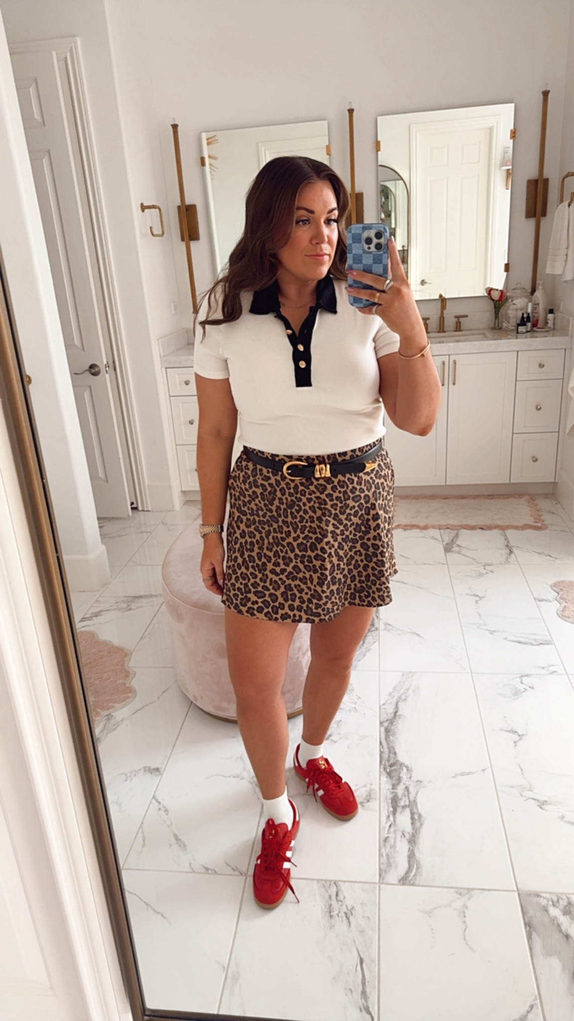 curvy fall outfit! wearing size large in top and leopard skort and belt. red adidas run big, size down .5! 

#LTKMidsize #LTKFindsUnder100 #LTKSeasonal