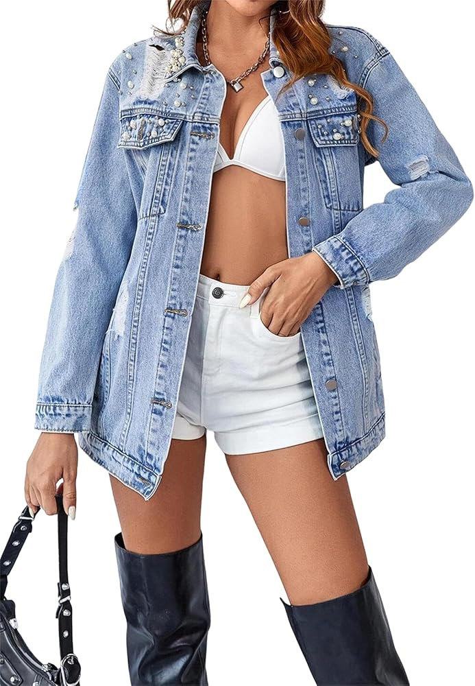 Kedera Chaqueta de mezclilla para mujer, con tachuelas de perlas de gran tamaño, chaquetas de me... | Amazon (US)