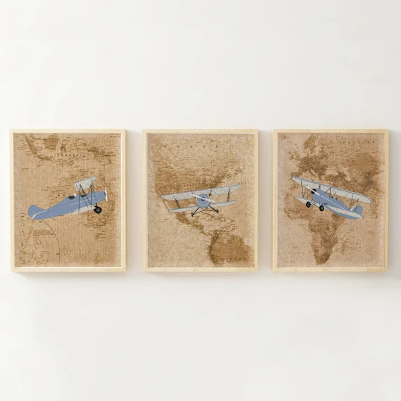 Airplane Nursery Blue Airplane Decor Vintage Airplane Wall Decor World Map Print Vintage Airplane... | Etsy (US)