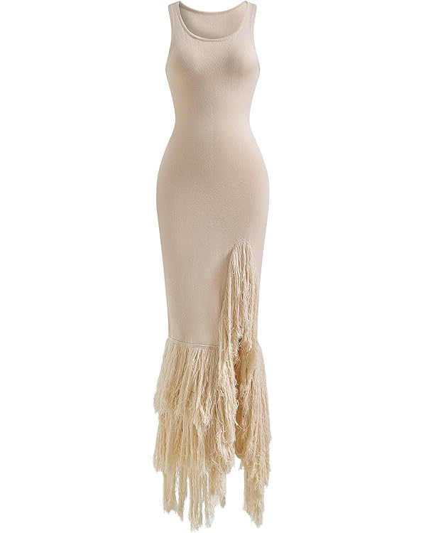 Women's Western Fringe Maxi Dress Vintage Scoop Neck High Split Cowgirl Dresses | Amazon (US)