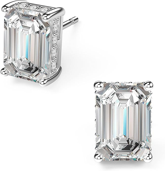 18K White Gold Plated Sterling Silver Emerald Cut Cubic Zirconia Stud Earrings Clear CZ Diamond S... | Amazon (US)