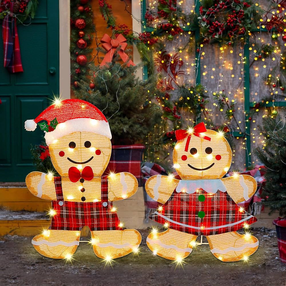 Amazon.com: Joliyoou Christmas Yard Decoration, Set of 2 Pre-lit Gingerbread Man with 50 LEDs War... | Amazon (US)