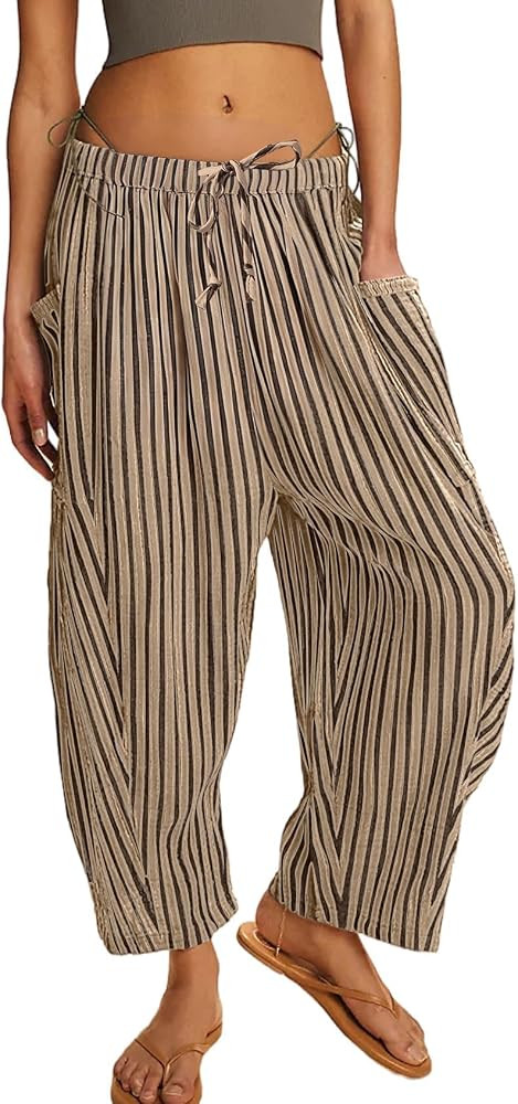 MISSACTIVER Women Summer Striped Harem Pants Flowy Baggy Casual Wide Leg Trousers Drawstring Boho... | Amazon (US)