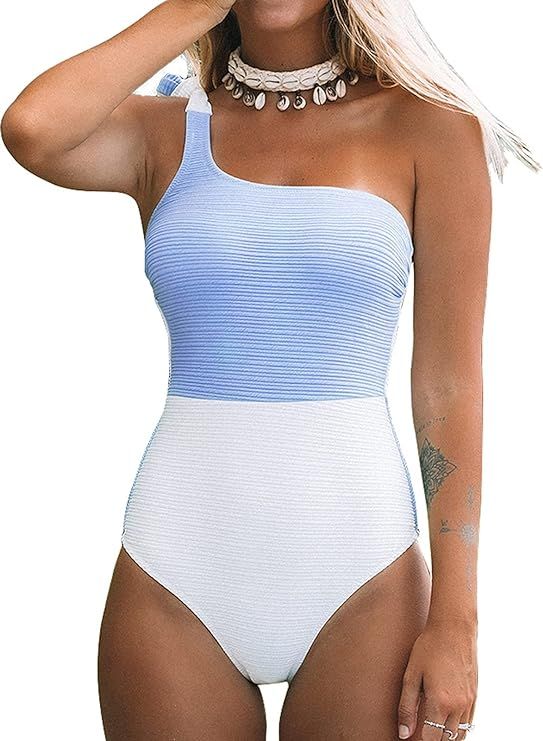 CUPSHE Women's One Piece Swimsuit Color Block One Shoulder Bowknot Bathing Suit | Amazon (US)