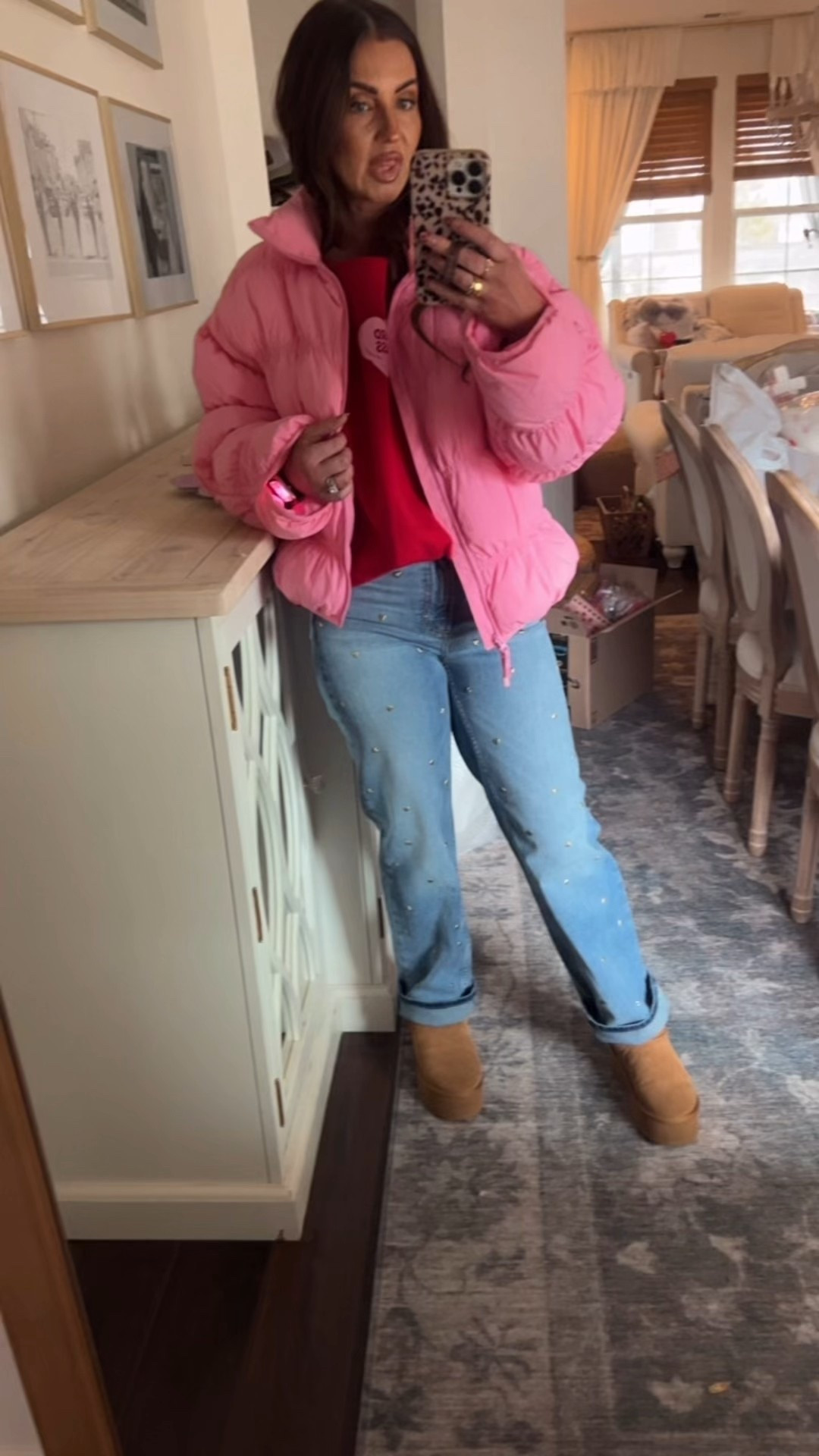 Pink puffer jacket size small
Gold Heart embellished jeans
Platform boots