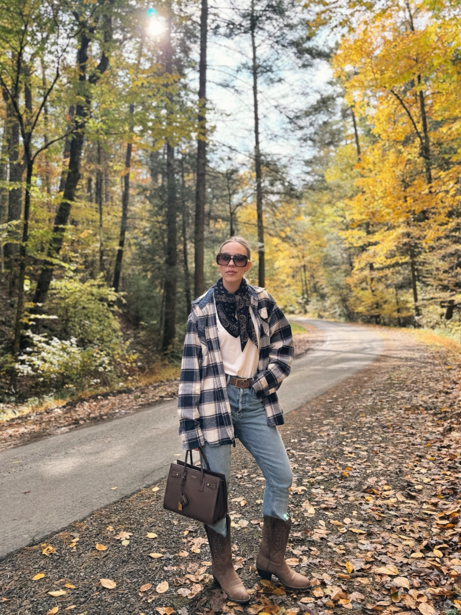 Western fall outfit, flannel shirt, @Guest In Residence bandana print scarf, fall mountain getaway, fall vacation