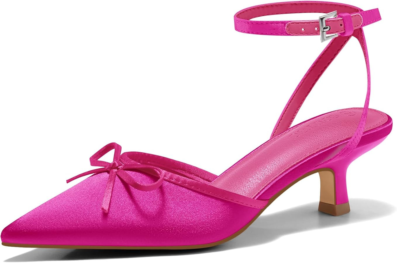 Coutgo Satin Kitten Low Heels with Bow Closed Pointed Toe Short Pumps Dress Wedding Party Shoes | Amazon (US)