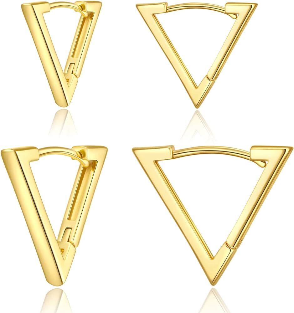 2 Pairs 14K Gold Plated Minimalist Geometric Triangle Huggies Hoop Earrings, V Shaped Hoop Earrin... | Amazon (US)