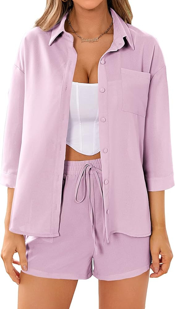 MakeMeChic Women's Casual 2 Piece Outfits Long Sleeve Button Down Shirt and Shorts Set | Amazon (US)