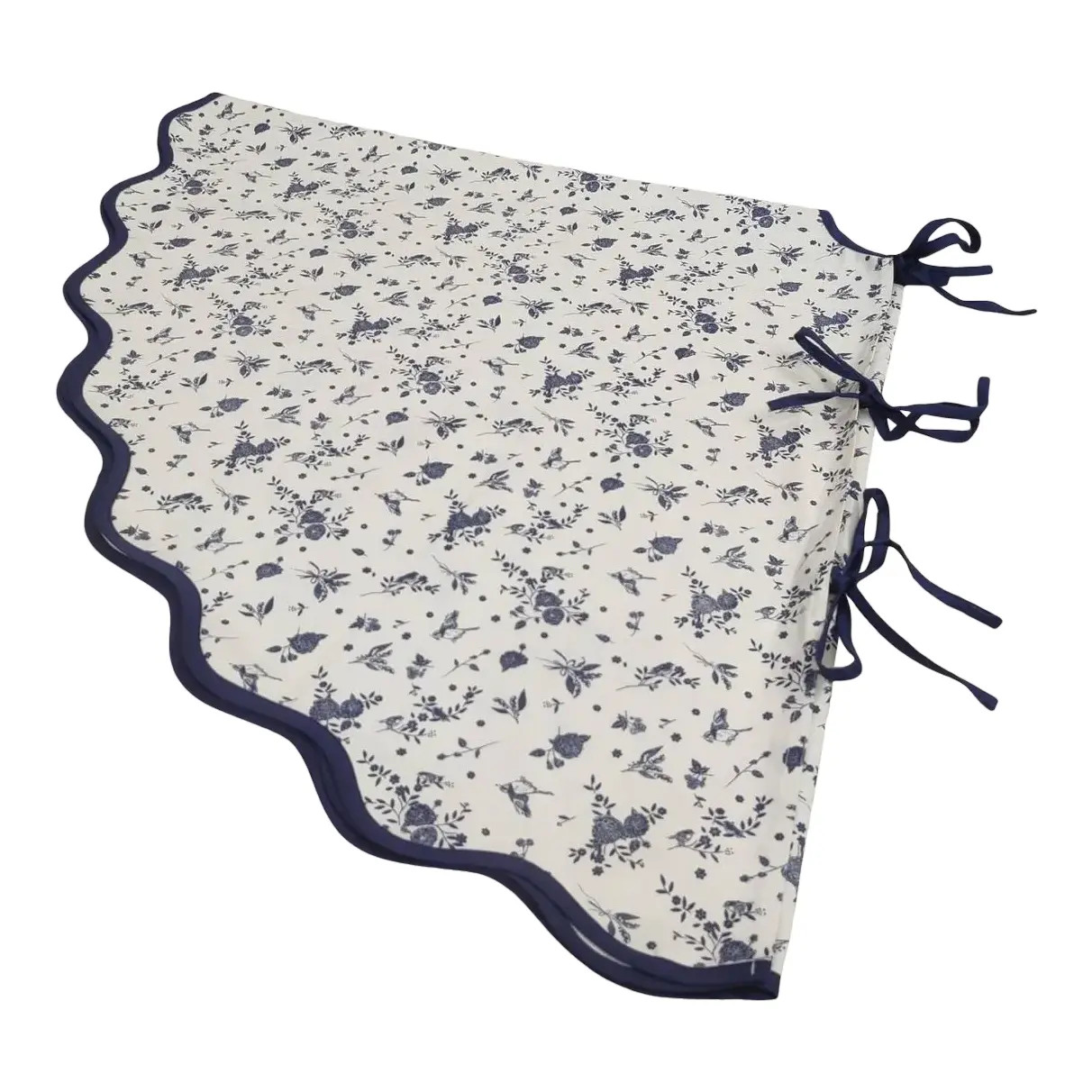 Handmade Floral Scalloped Christmas Tree Skirt with Navy Piping | Chairish