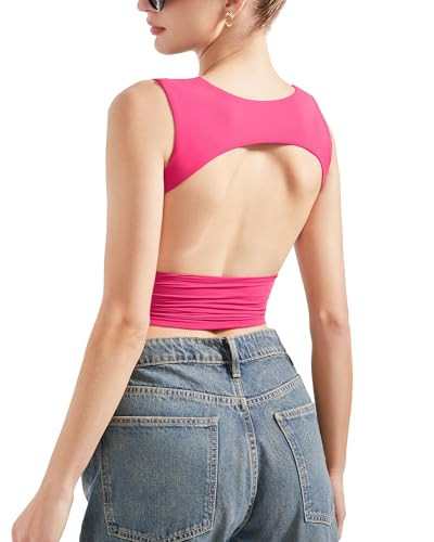SUUKSESS Women Sexy Backless Tank Top Summer Going Out Y2k Sleeveless Basic Crop Tops Shirts (Hot Pink,S) | Amazon (US)