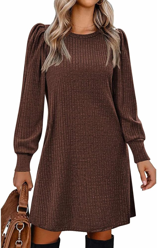 Zeagoo Women's Knit Dress with Puff Sleeves for Fall & Winter - Round Neck Casual Tunic Dress | Amazon (US)