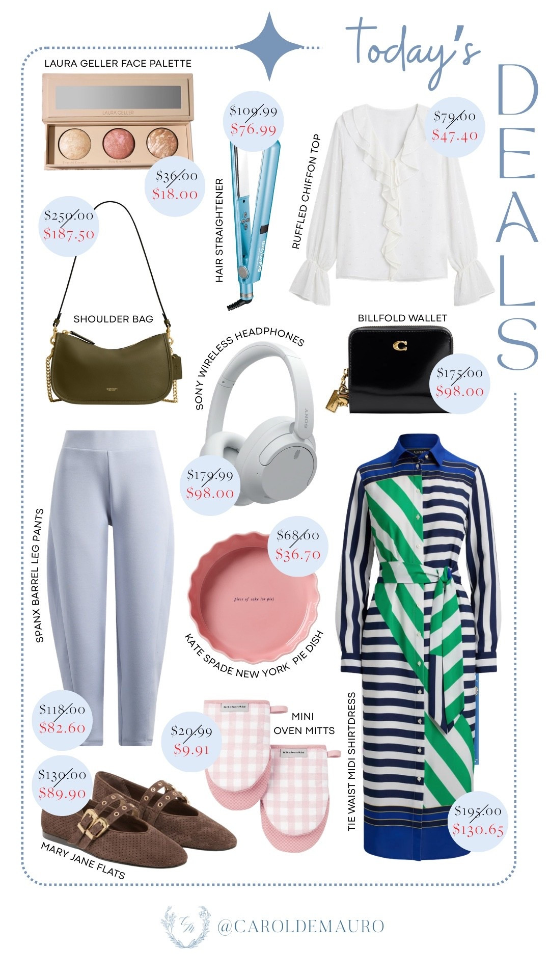 Today’s curated picks feature everything from timeless wardrobe staples to those little home items that make a space feel complete! Refresh your routine with a classic midi shirtdress, Spanx barrel leg pants, a feminine ruffled chiffon top, textured Mary Jane flats, a versatile shoulder bag, and a billfold wallet. You'll also love a high-quality hair straightener, a Laura Geller face palette, Sony wireless headphones, an aesthetic pie dish, and mini oven mitts. 

todays deals, Kate Spade, beauty finds, spring fashion, electronic gadgets, fashion accessories, kitchen essentials, BaByLiss Pro

#LTKU #LTKSaleAlert #LTKSeasonal