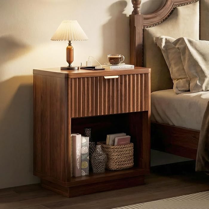 Fluted Nightstand with Charging Station, Wood Modern Night Stands Storage Cabinet for Bedroom, Wa... | Amazon (US)