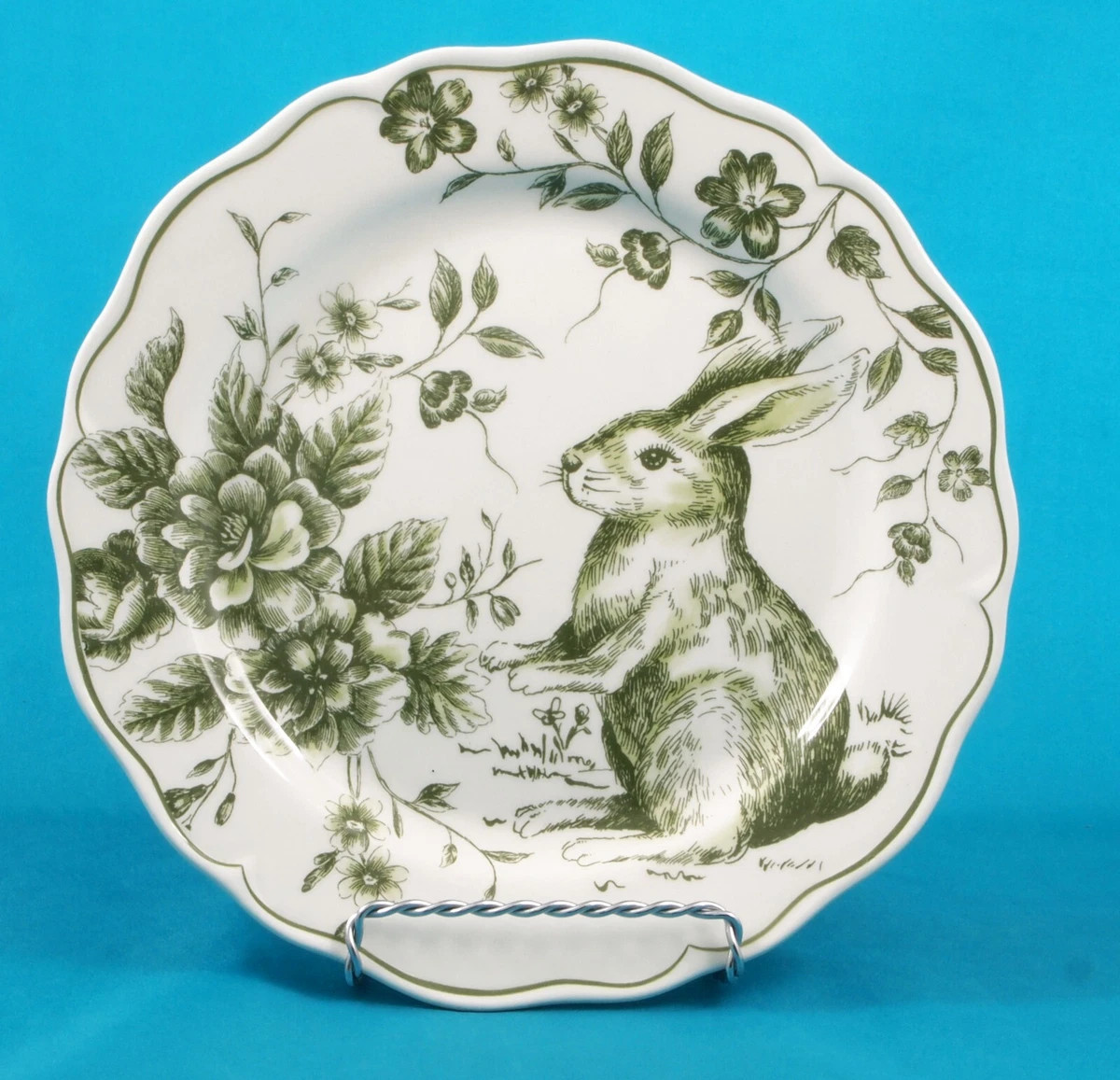 Green & White Toile Scalloped Edge One Salad Plate Easter Bunny  Cabbage Roses  | eBay | eBay US
