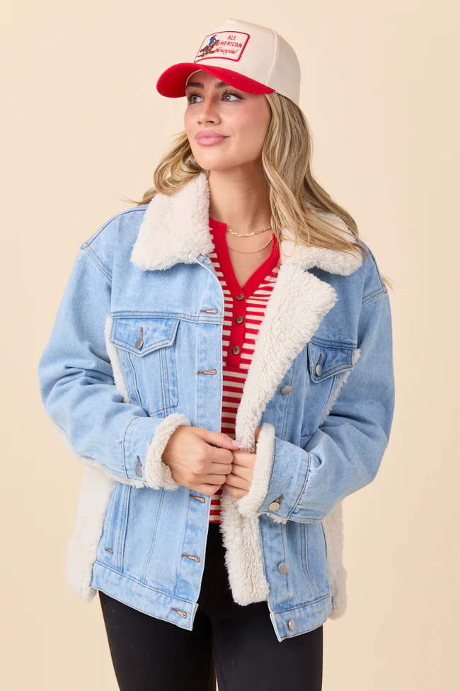 Picking Sides Light Wash Sherpa Detail Oversized Denim Jacket | Pink Lily