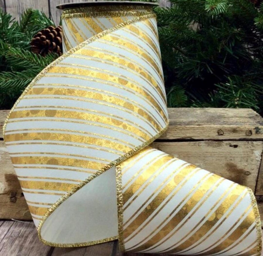D Stevens, 10 Yards, 4 Inch Wired Ribbon, Diagonal Stripe Ribbon, Gold Ribbon, White Ribbon, Desi... | Etsy (US)