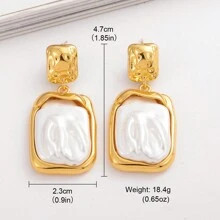 1pair Fashionable Square Baroque Pearl Women's Gold Plated Metallic Texture Earrings | SHEIN