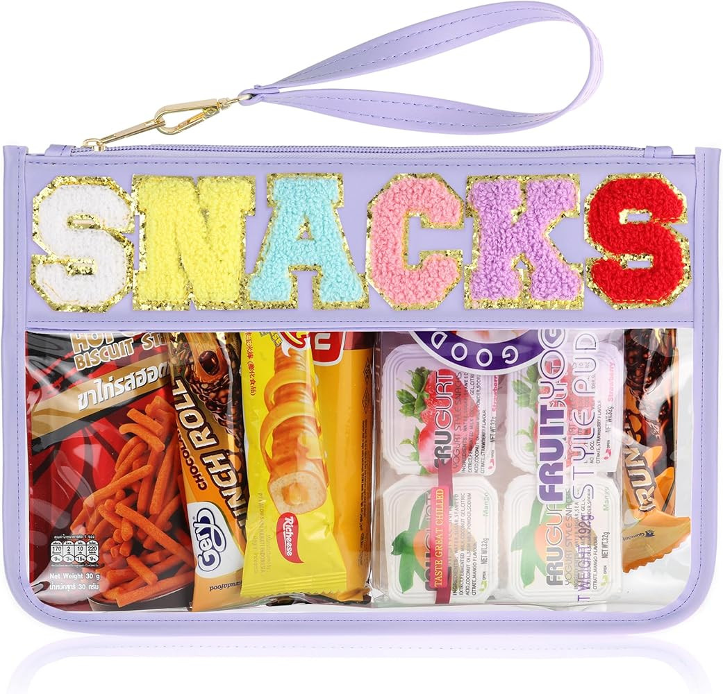 Snack Bag for Travel - Clear Chenille Varsity Letter Flat Pouch with Zipper, Waterproof Clear Nyl... | Amazon (US)