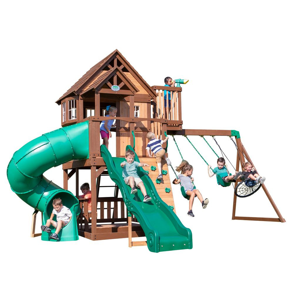 Backyard Discovery Skyfort All Cedar Wooden Swing Set with Tube Slide | The Home Depot