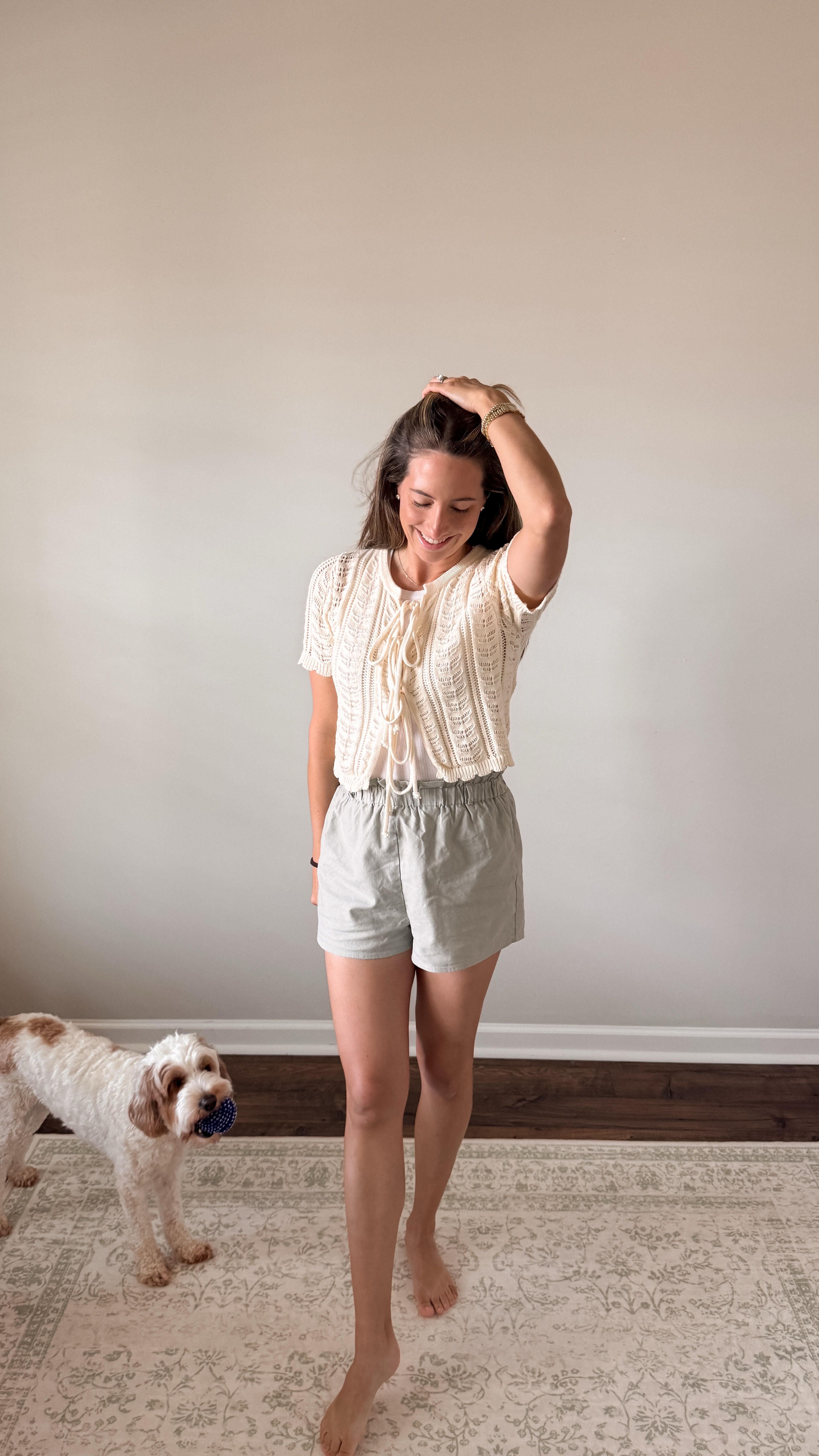 Todays casual mom fit: paper bag shorts and a short sleeve sweater over a simple white bodysuitt

#LTKSeasonal