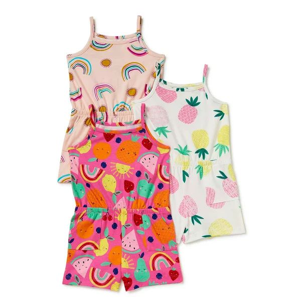 Wonder Nation Baby and Toddler Girls' Printed & Solid Rompers, 3 pack | Walmart (US)