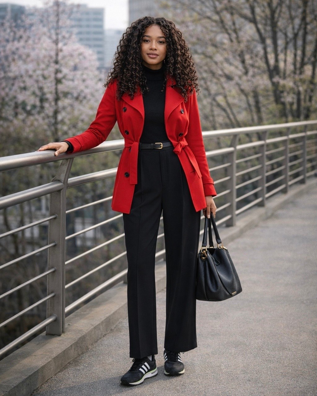 Black oversized sweater with black wide-leg trousers as a sleek base, elevated with a bold red trench-style jacket. Styled with black sneakers, a black leather bag, gold hoop earrings, and a classic black watch for an easy but striking look.
#casualchic #everydaystyle #springoutfit


#LTKOver40 #LTKootd #LTKSeasonal