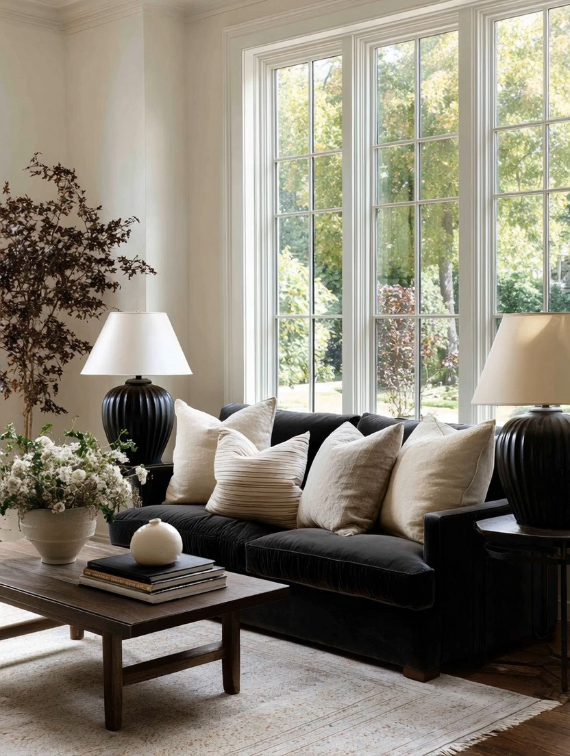 There is something incredibly timeless about a black and ivory living room surrounded by nature.

When your windows open to trees, gardens, greenery, or mountain views, the most beautiful thing you can do inside your home is create contrast. Deep black velvet paired with soft ivory instantly creates that elegant balance between drama and calm.

A black velvet sofa adds richness and softness without feeling overwhelming, especially when layered with oversized ivory pillows and warm natural wood tones. Then come the details that quietly elevate the entire room. Oversized black table lamps with ivory shades. Soft textures. Sculptural shapes. Pieces that feel intentional instead of overdecorated.

This look reminds us so much of the interiors from White Lotus in Hawaii and Italy. Luxurious but relaxed. Glamorous but peaceful. The kind of room that feels elevated during the day with sunlight pouring in and even more beautiful at night when only the lamps are glowing.

Black and ivory is one of those combinations that never goes out of style because it works with every season, every view, and every home style. Modern homes, country homes, city apartments, lake homes. Nature outside becomes part of the decor itself.

If you want your living room to feel elegant without chasing trends, start here. A beautiful black sofa, oversized statement lamps, soft ivory textiles, and a connection to the outdoors.

#QuietLuxury #LivingRoomInspo #ModernHomeDecor 

 #LTKHome
