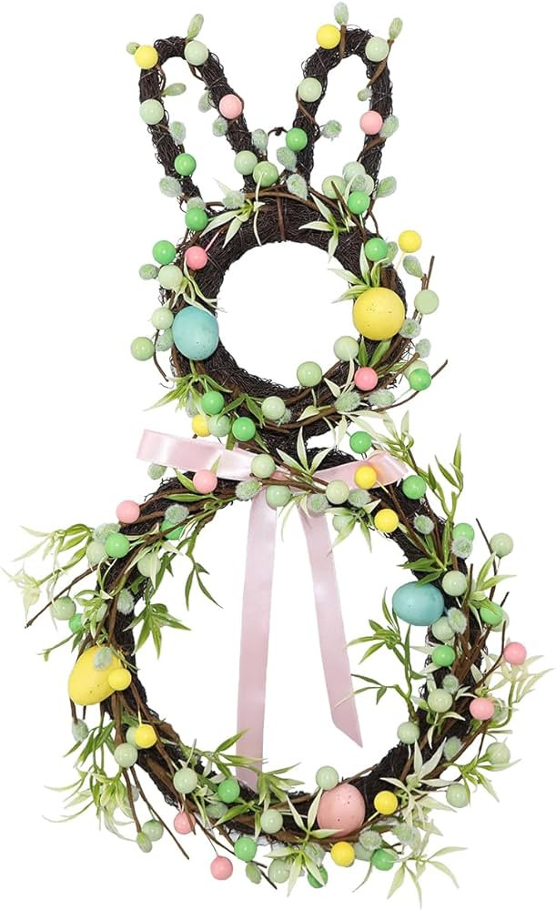18" Easter Bunny Wreath – Small Bunny Shape Wreath with Pink Green & Yellow Berry and Egg Decor... | Amazon (US)