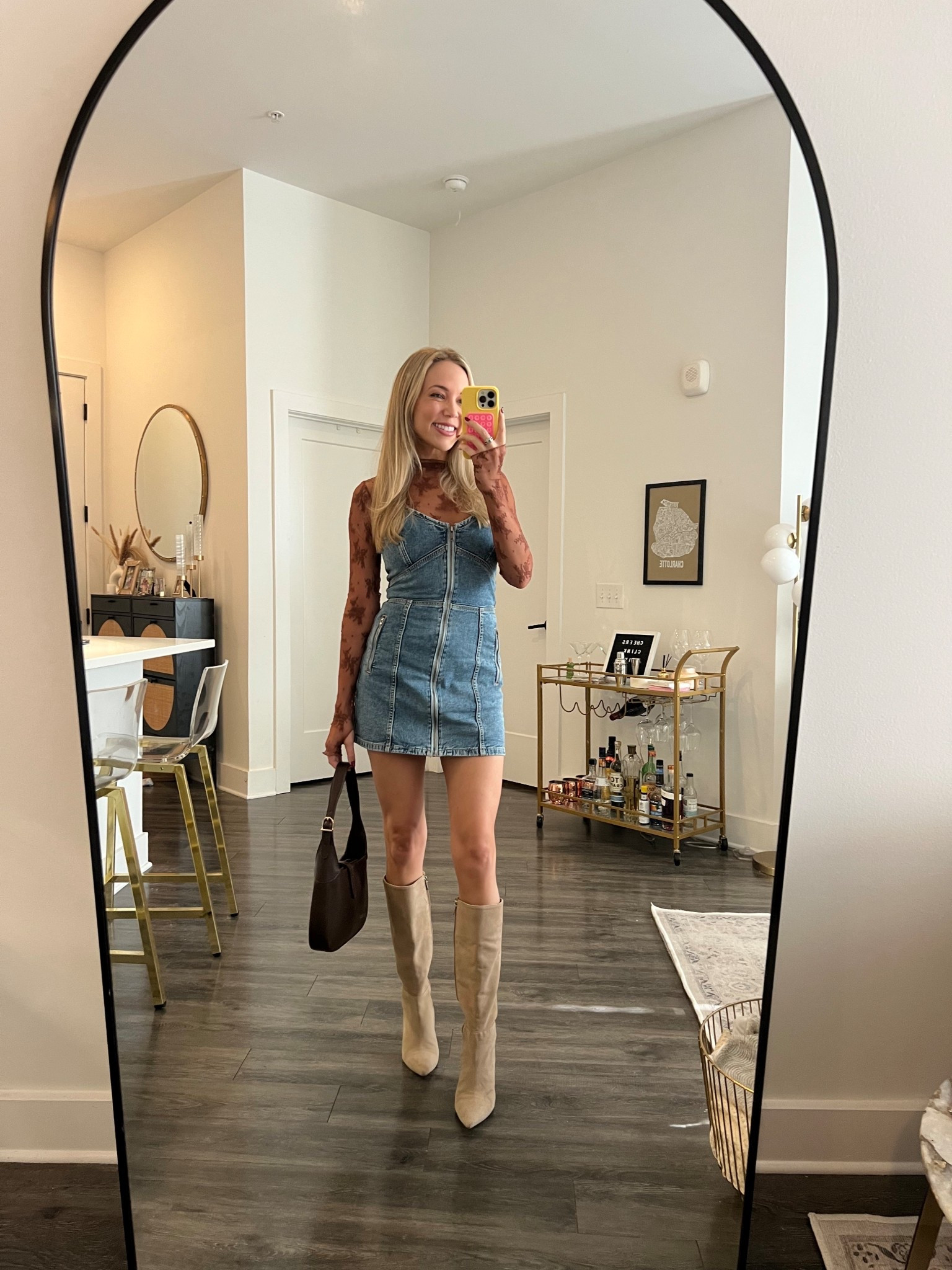 Place long sleeve undershirt with a denim mini dress and taupe knee high boots. Chocolate brown purse for the perfect fall outfit 

#LTKFindsUnder100 #LTKStyleTip #LTKFindsUnder50