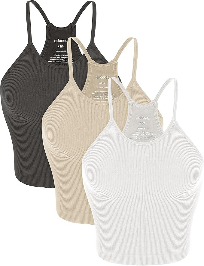 ODODOS Women's Crop 3-Pack Seamless Rib-Knit Camisole Crop Tank Tops | Amazon (US)