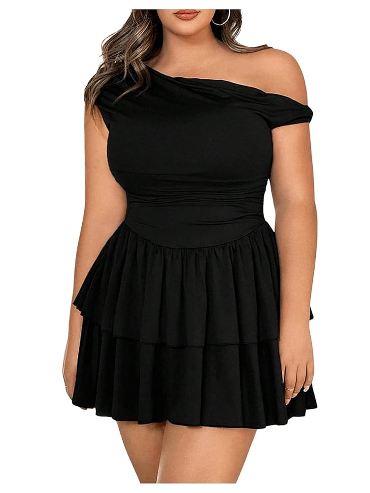 MakeMeChic Women's Plus Size Summer Dress Asymmetrical Neck Mini Dress Ruffle Tiered Cocktail Dre... | Amazon (US)