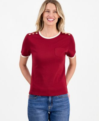 Nautica Women's Cotton Button-Shoulder Ringer T-Shirt - Night Sky | Macy's