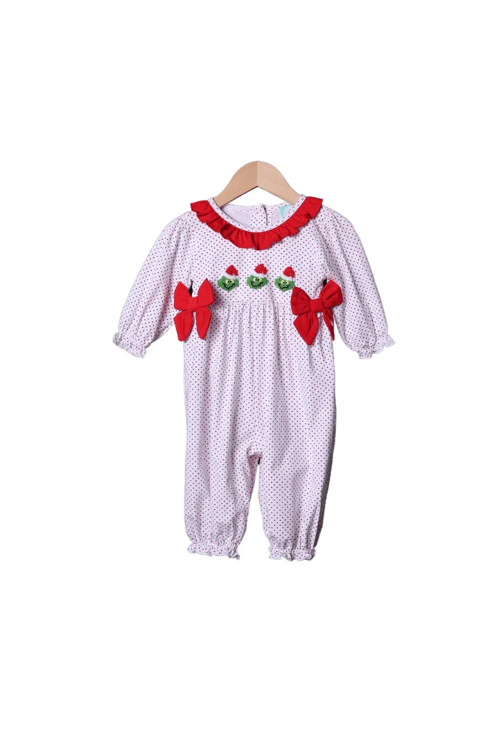 French Knot Grouch Red Bitty Dot Romper | The Smocked Flamingo