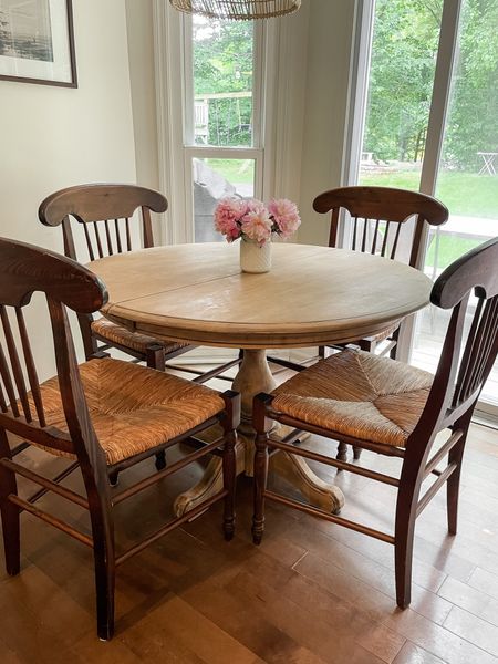 My kitchen table and chairs are thrifted but I found similar tables and chairs online that you can buy for the same look.  

Round wooden dining tables.  Woven seats.  Wooden dining chairs.  Kitchen chairs.  Pedestal table.  Kitchen table.  

#LTKhome #LTKFind