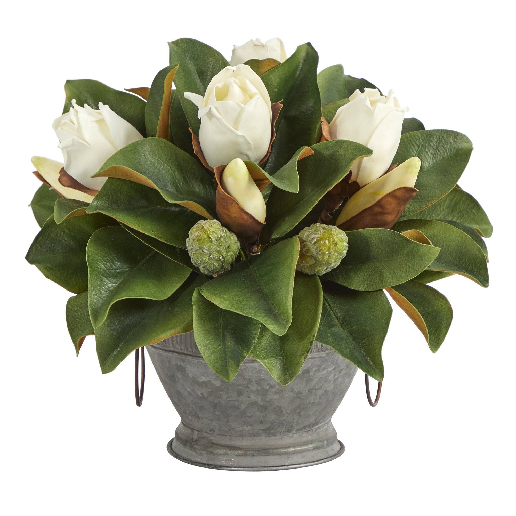 13” Magnolia Artificial Bud Plant in Vintage Bowl with Copper Trimming | Nearly Natural