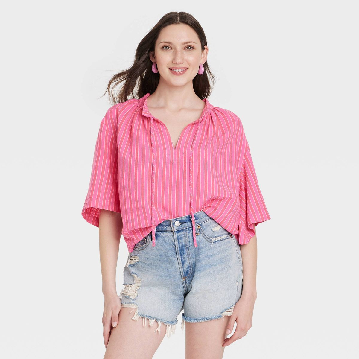 Women's Flowy Elbow Sleeve Popover Blouse - Universal Thread™ Pink Striped M | Target