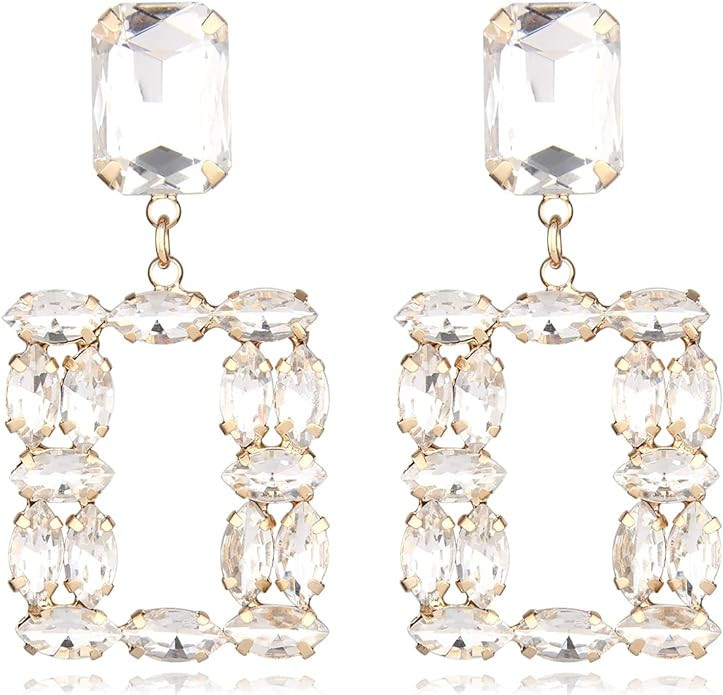 Crystal Rectangle Geometric Dangle Earrings, Glass Rhinestone Statement Drop Earrings for Women K... | Amazon (US)