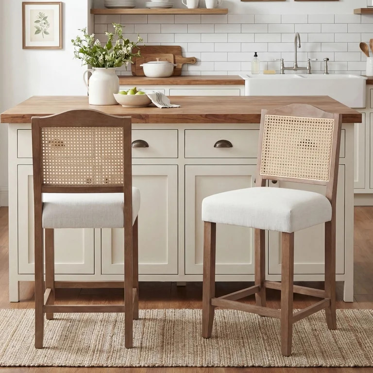 Dayalane Counter Height Bar Stools Set of 2, 26" Farmhouse Wooden Barstools with Rattan Back, Mid... | Walmart (US)