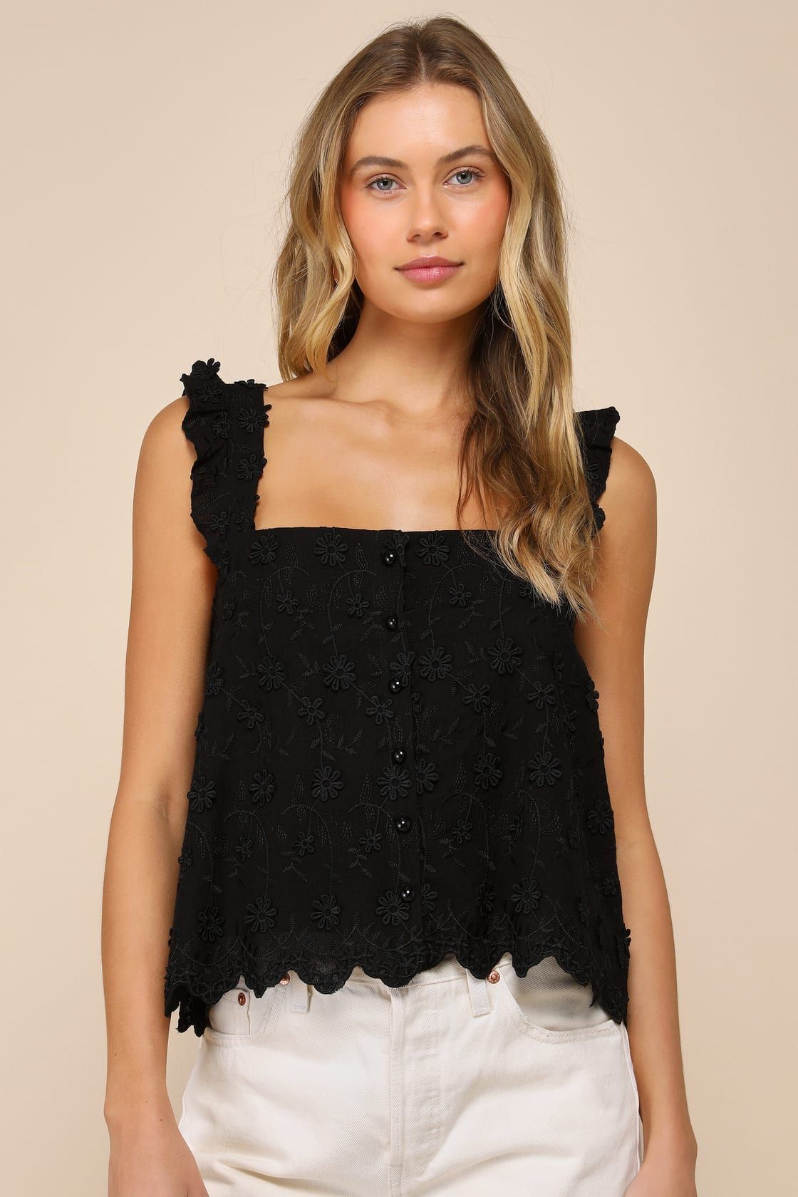 Cutest Weekend Black 3D Floral Embroidered Tie-Back Tank Top | Lulus