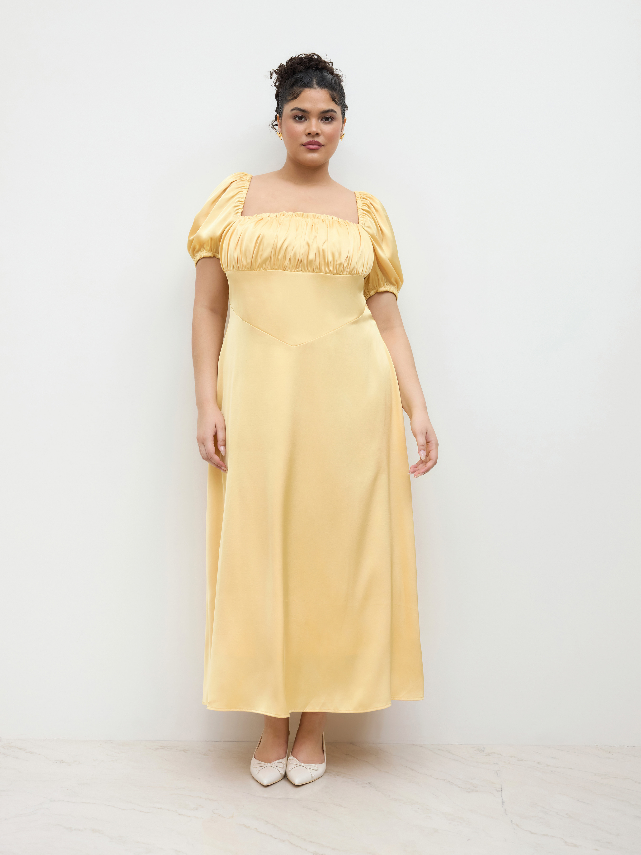 Satin Satin Square Neck Knotted Puff Sleeve Maxi Dress Curve & Plus For Date | Cider