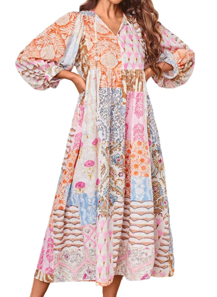 CHARTOU Women Boho Floral Printed Long Dress Summer Lantern Half Sleeve Beach Flowy Loose Swing S... | Amazon (US)