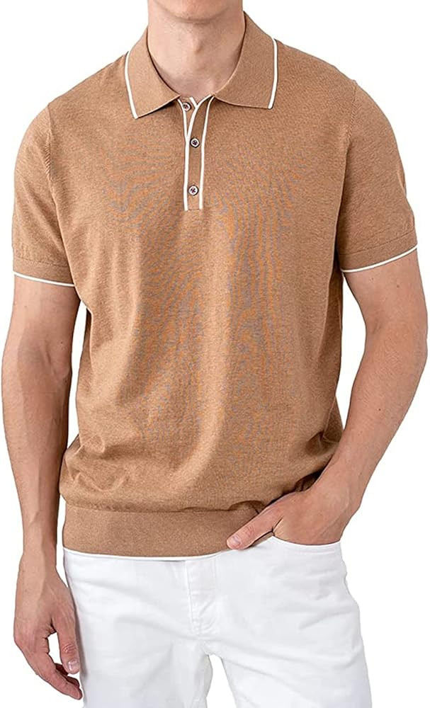 Mens-100%-Cotton-Polo Golf-Shirts Slim-Fit-Knit Pullover-Tops - Short-Sleeve Casual Striped Shirt... | Amazon (US)