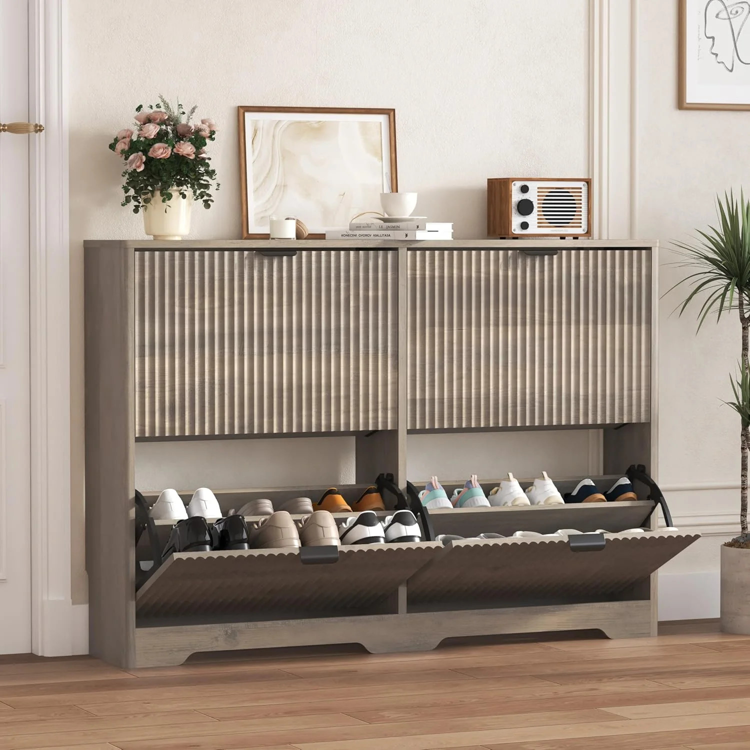 FANRAL Shoe Cabinet with 4 Flip Drawers,Fluted Shoe Storage Cabinet Rack Organizer with Adjustabl... | Walmart (US)