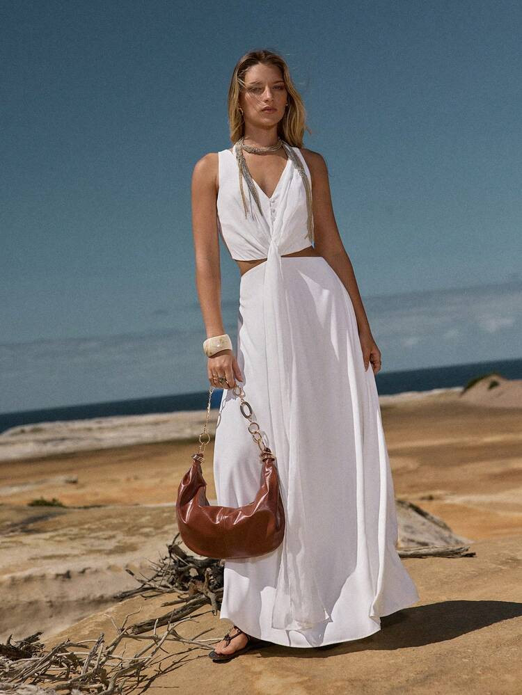 MOTF STUDIO WOMEN'S VACATION CROPPED WAIST CHIFFON DRESS WITH TIE SASH, SPRING/SUMMER | SHEIN