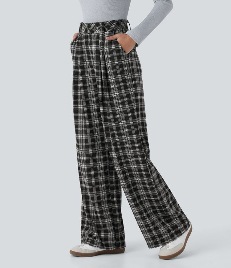 Women’s High Waisted Pocket Wide Leg Houndstooth Plaid Casual Pants - Halara | HALARA