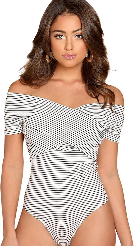 SOLY HUX Women's Criss Cross Striped Wrap Off The Shoulder Skinny Elegant Bodysuit | Amazon (US)