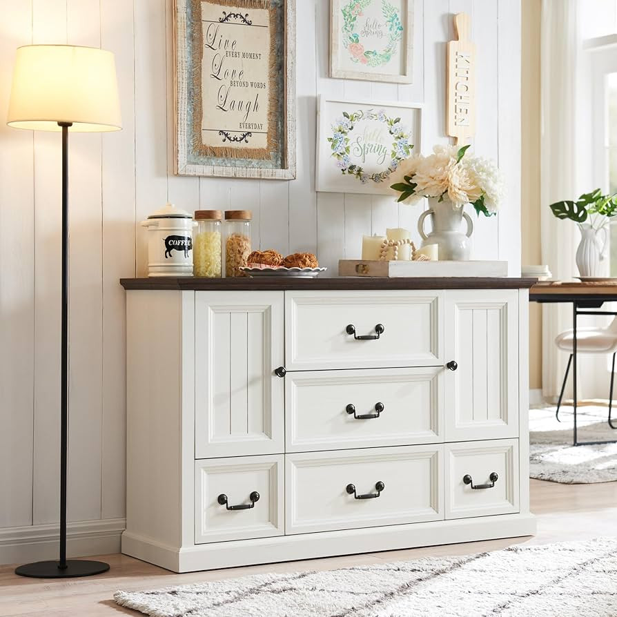 Farmhouse Coffee Bar Cabinet, 47" Buffet Cabinet w/5 Drawers, Rustic Wood Sideboard Cabinet w/Gro... | Amazon (US)